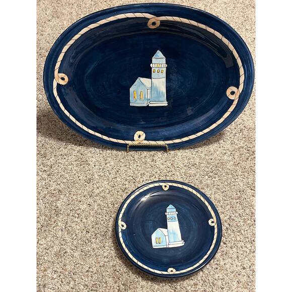 Brushes Handpainted KIC Other - Lighthouse Nautical Oval Platter Brushes Handpainted KIC